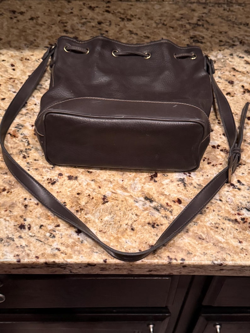 May include: A dark brown leather bucket bag featuring a drawstring closure with gold-toned metal eyelets and an adjustable shoulder strap. The bag has a structured oval base and visible stitching along the seams of the exterior leather.