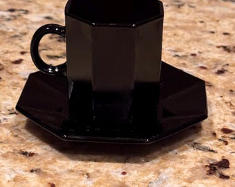 Arcoroc France "Octime" black glass espresso cups and saucers