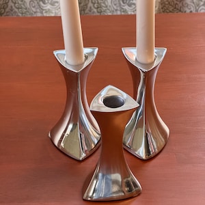 Nambé Tri-Corner Candlestick Holders, Set of 3, Mid-Century Modern Metal Alloy