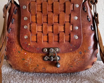 Vintage 70er Jahre Handgeprägte Leder Umhängetasche