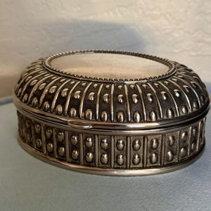 Vintage Ornate Silver Plated Oval Trinket Box Beaded Velvet Jewelry Case