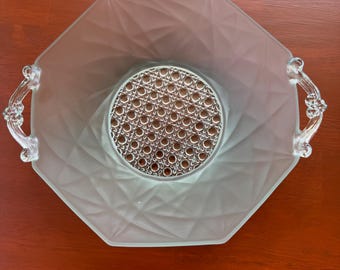 Vintage Lancaster Glass Lana Plate, Satin Gree Depression Glass Serving Dish with Handles, Art Deco Sunshine Pattern Cane Center Tray, 1930s
