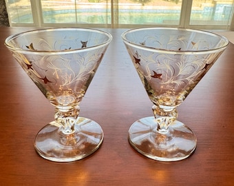 Mid Century Libbey Royal Fern Cocktail Glasses, Gold and White Feathery Leaf Champagne Sherbet Coupe, MCM Stemware Pair, Set of 2
