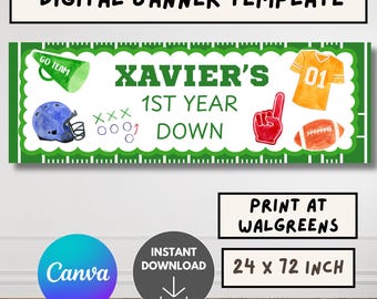 Football First Birthday Banner Template, Editable Canva Birthday backdrop, football Party Backdrop, Custom first Birthday Sign