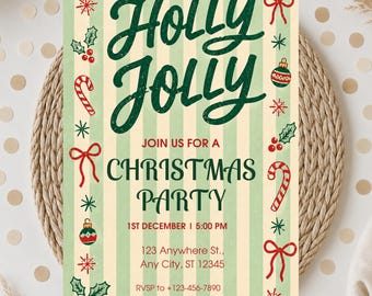 Christmas Editable Party Invitation, vintage Christmas party invite, Holly jolly invitation, Canva Template, Printable Xmas Invite