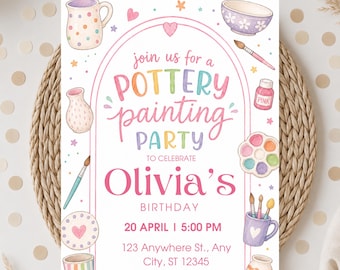 Pottery party birthday Invitation, Editable Canva Template, craft party invitation, painting party invitation