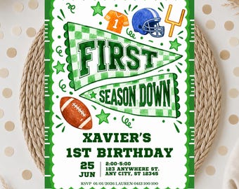 Editable Football Birthday Invitation, First Year Down, Football Birthday, First Birthday Invite, Boy 1st Birthday, Game on, Canva Template