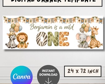 Wild one safari Birthday banner, 1st birthday banner, Editable safari Theme Party banner, 1st birthday jungle banner, canva template