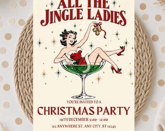 Jingle ladies, Retro Christmas cocktail Party Invitation, girls night out Christmas party,  best friends  Christmas party. Canva Template