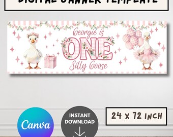 Pink one silly goose Birthday banner, Editable goose Theme Party banner, 1st birthday silly goose banner, first birthday canva template