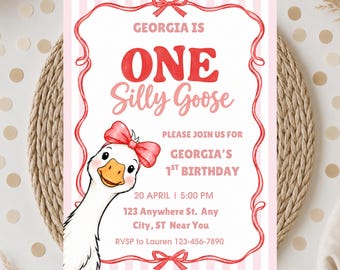 One Silly Goose First Birthday Invitation, silly goose girl invitation, Editable Canva Template,