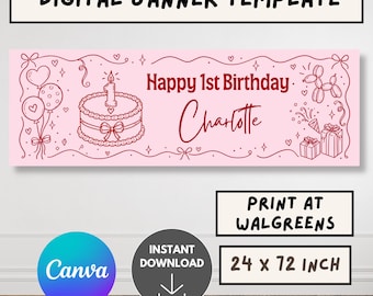 1st Birthday banner, girl first birthday banner, pink doodle Birthday sign, one birthday banner Walgreens banner, Canva birthday Template