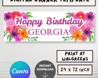 Floral Happy Birthday backdrop Template, Editable Canva Birthday Banner, Printable Party Backdrop, floral banner, Walgreens banner template