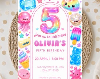 5th Birthday Invitation, fifth birthday squishy invitation, girl Birthday Invitation, dumpling 5th invitation, Canva birthday Template