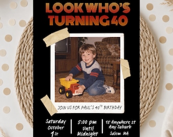 40th Birthday Photo Invitation Template, Editable Vintage 80s Polaroid Invite, Retro 40th Birthday Party Invite, Canva Template