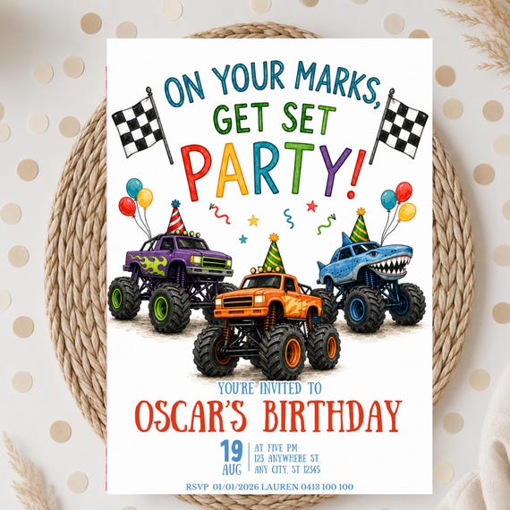 Monster Truck Invite, Editable Monster Truck Birthday Invitation Template For Boys, Trucks Birthday Invite, Monster Truck Invitation