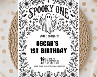 Spooky one birthday Halloween Invitatio. Boy 1st birthday invite, spooky Birthday Invite, canva template