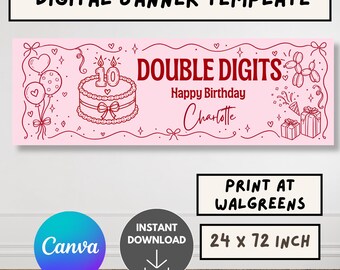 10th Birthday banner, girl double digits birthday banner, pink doodle Birthday sign, Walgreens banner, Canva birthday Template
