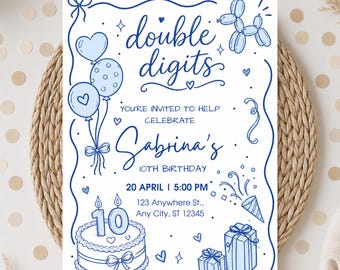 10th Birthday Invitation, tenth birthday girl invitation, blue girl Birthday Invitation, double digits Invite, Canva birthday Template