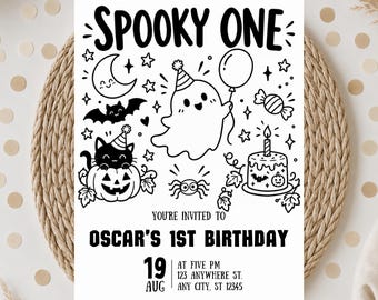 Spooky one birthday Halloween Invitatio. Boy 1st birthday invite, spooky Birthday Invite, canva template