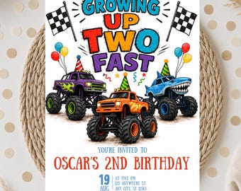 2nd birthday Monster Truck Invitatio. Boy 2nd birthday invite, Monster Truck Invite, Trucks Birthday Invite, growing up two fast