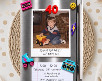 40th Birthday Photo Invitation Template, Editable Vintage 80s Polaroid Invite, Retro 40th Birthday Party Invite, Canva Template