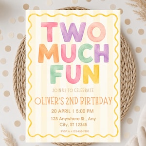 Two much fun Birthday Invitation,  2nd birthday invitation, boy 2nd birthday invitation, Canva birthday Template