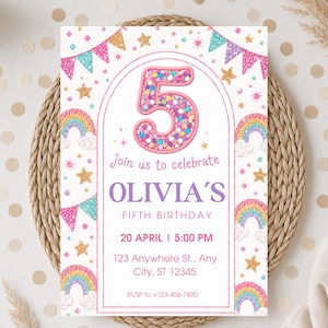 May include: A birthday invitation card featuring a large number 5 filled with colorful glitter, surrounded by rainbows, gold stars, and pink and teal bunting flags. The text reads: Join us to celebrate OLIVIA'S FIFTH BIRTHDAY, 20 APRIL, 5:00 PM.
