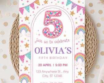 5th Birthday Invitation, fifth birthday girl invitation, cool girl Birthday Invitation, sequence 5th invitation, Canva birthday Template