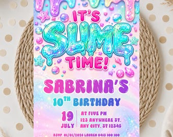 Slime birthday party Invitation, Editable Canva Template, slime party invitation, slime invite, girl slime  party invitation