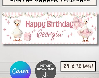 Pink goose Birthday banner, Editable goose Theme Party banner, one silly goose banner, canva template