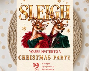 Sleigh Christmas Editable Party Invitation, preppy Christmas party invite, trendy Christmas invitation, Canva Template,