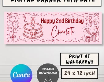2nd Birthday banner, girl second birthday banner, pink doodle Birthday sign, two birthday banner Walgreens banner, Canva birthday Template