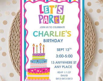Simple Colorful Birthday Invitation, Bright Birthday Invitation, Cheerful Birthday Party Invite, Digital Download, Editable Canva Template
