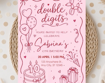 10th Birthday Invitation, tenth birthday girl invitation, cool girl Birthday Invitation, double digits Invite, Canva birthday Template