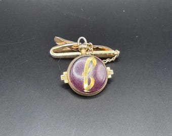 Vintage Hickok-dasspeld met paarse monogram F-bedel in art-decostijl