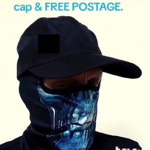 Blue skull facemask, head cover. Non fading colors. Free baseball cap, free tracked postage.