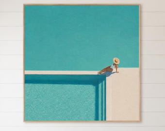 Minimalist Poolside Scene Oil Painting, Large Coastal Pool People Summer Vacation Canvas Art, Turquoise Beach Wall Decor for Bathroom