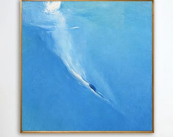 Swimming In The Sea Oil Painting, Girl Diving In Blue Ocean Seascape Canvas Art, Minimalist Coastal Wall Decor for Living Room