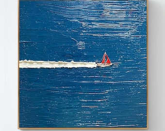 Minimalist Sailing at Sea Oil Painting, Aerial Sailboat On Dark Blue Sea Seascape Wall Art, Coastal Summer Water Sports Textured Canvas