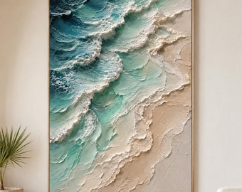 Textured Ocean Wave Oil Painting, Abstract Coastal Wall Art, Seascape Impasto Painting, Beach House Decor, Aqua Blue Ocean Art