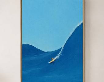 Large Surfer Abstract Oil Painting, Blue Ocean Wave Canvas Art, Minimalist Modern Coastal Sports Wall Art For Living Room Interior