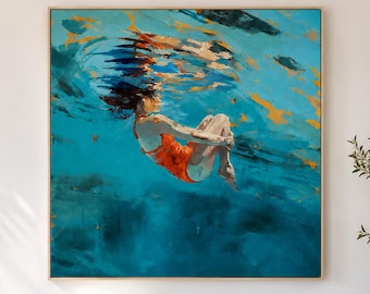 Diving In Ocean Oil Painting, Sensual Woman Swimming Underwater Seascape Canvas Art, Impasto Blue Ocean Coastal Wall Art for Living Room