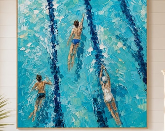 Textured Summer Swimming Pool Oil Painting, Minimalist Blue Poolside People Canvas Art, Turquoise Coastal Wall Decor for Living Room