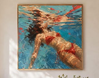 Original Underwater Woman Oil Painting, Swimmer Wall Art, Red Bikini Swimming Blue Pool Canvas Artwork, Textured Summer Coastal Decor