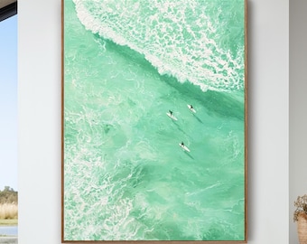 Surfing At Mint Sea Oil Painting On Canvas, Aerial Surf Blue Ocean Scene Wall Art, Minimalist Coastal Modern Seascape Artwork
