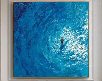 Minimalist Blue Ocean Impasto Oil Painting, Boy Swimming In Sea Hand-Painted Canvas Art, Coastal Seascape Wall Decor for Entryway