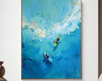 Kayaking On The Sea Hand-Painted Oil Painting, Abstract Rowing On Blue Ocean Wall Art, Minimalist Coastal Seascape Canvas Art For Home Decor