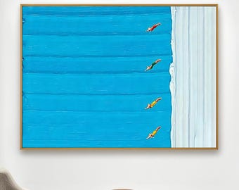 Abstract Swimming Race Original Oil Painting, Textured Swimming In Blue Pool Canvas Art, Minimalist Water Sport Wall Decor for Home