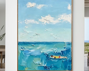 Swimming Abstract Hand-Painted Oil Painting, Heavy Textured Swimmer Canvas Art, Minimalist Blue Coastal Seascape Wall Art For Living Room
